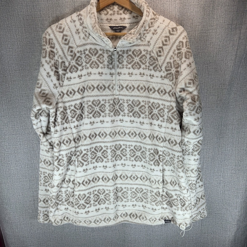 Eddie Bauer Womens Sweater Large 1/4 Zip Grey/Taupe Lightweight Fleece Outdoors